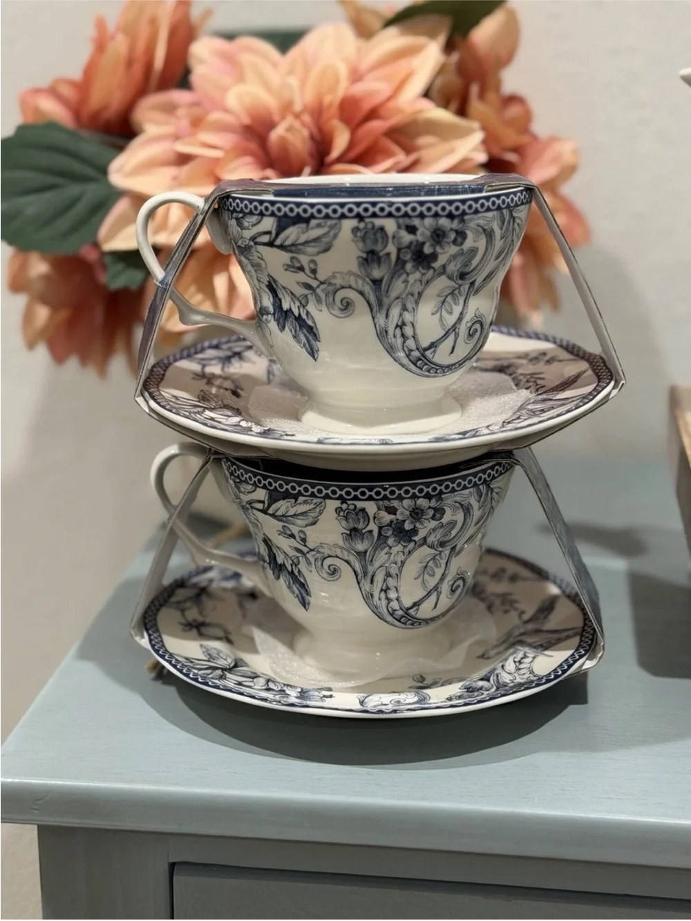 222 Fifth Adelaide Blue Porcelain Floral Birds Teacup & Saucer Set Of 2 New